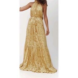 Saylor‎ Tiered Maxi Dress Halter Sleeveless Floral Satin Jacquard Gold Medium